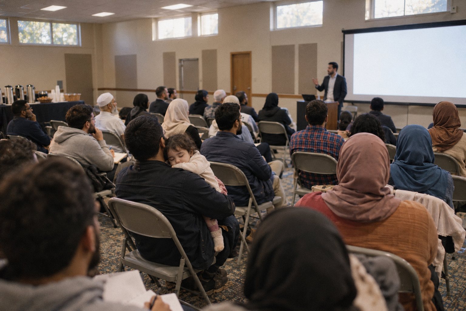 Attendees on folding chairs at a homebuyer workshop in a mosque community hall.