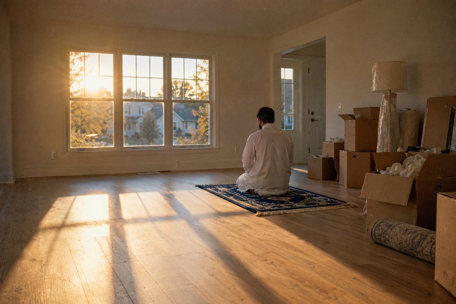 Sunrise in an empty living room, moving boxes against the wall, a man sitting on a prayer rug by the window.