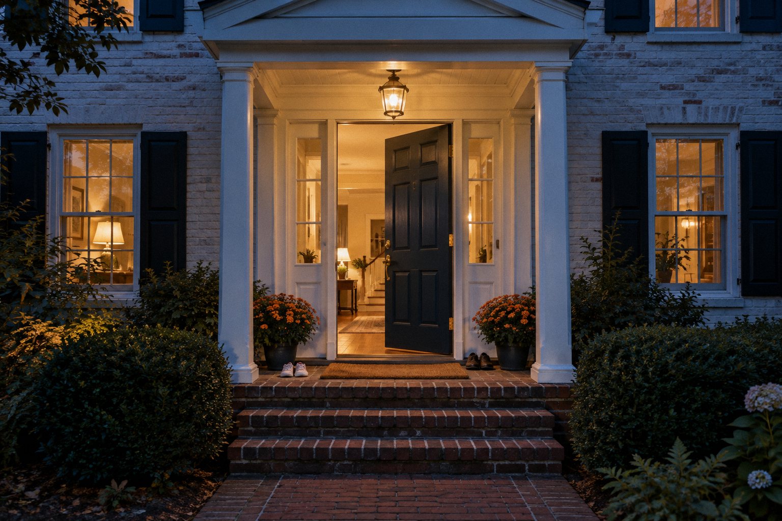 An open front door at dusk, warm light spilling onto the brick steps.